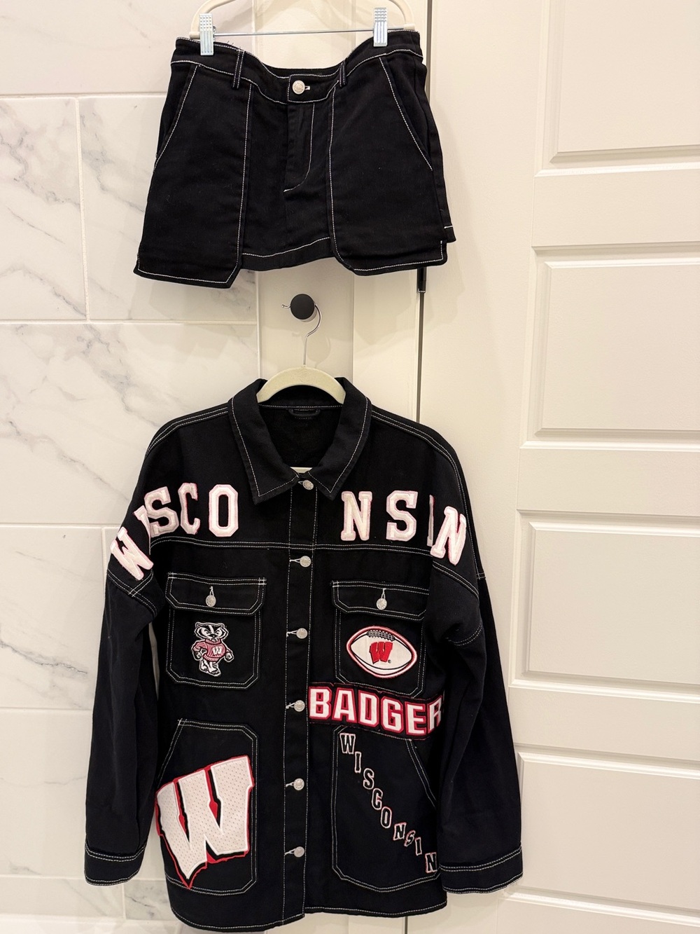 BY DYLN Black skirt XS and Custom University of Wisconsin Badgers jacket small